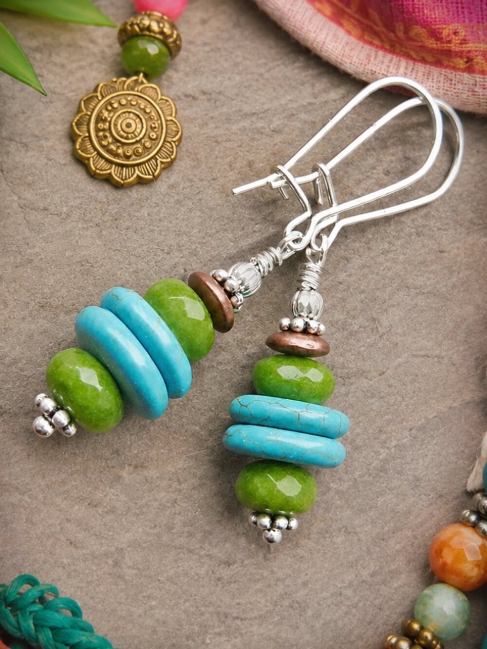 Southwest Gemstone Earrings Jade Turquoise 925 Sterling Silver Hook Dangle
